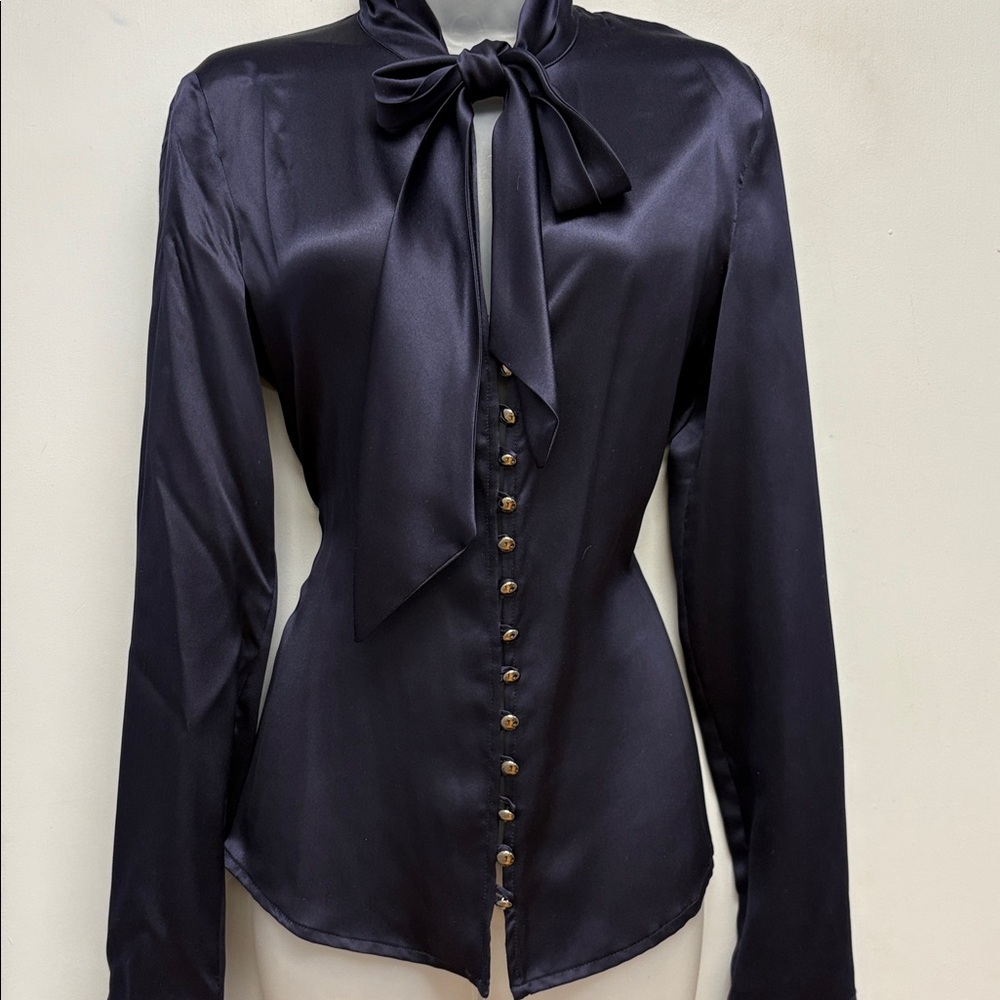 Versus Versace Navy Satin Bow Tie Button-Up Blouse - Picture 2 of 12